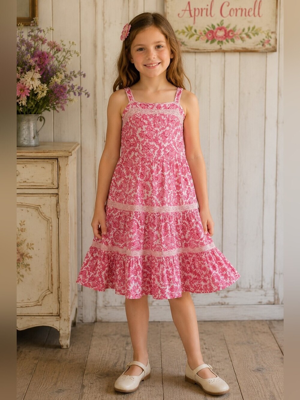 April Cornell Pink Lace Trim Tiered Dress Size 9/10